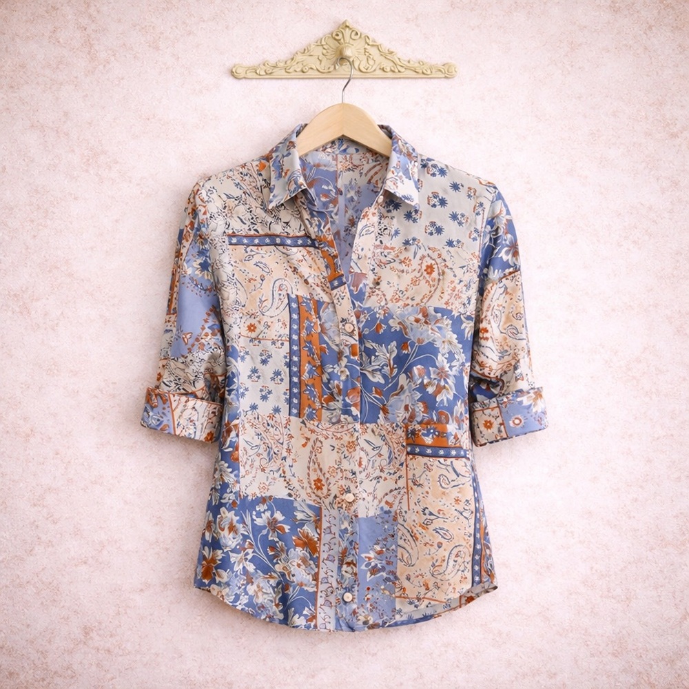 Joie blue floral paisley silky stretch pullover collar blouse S